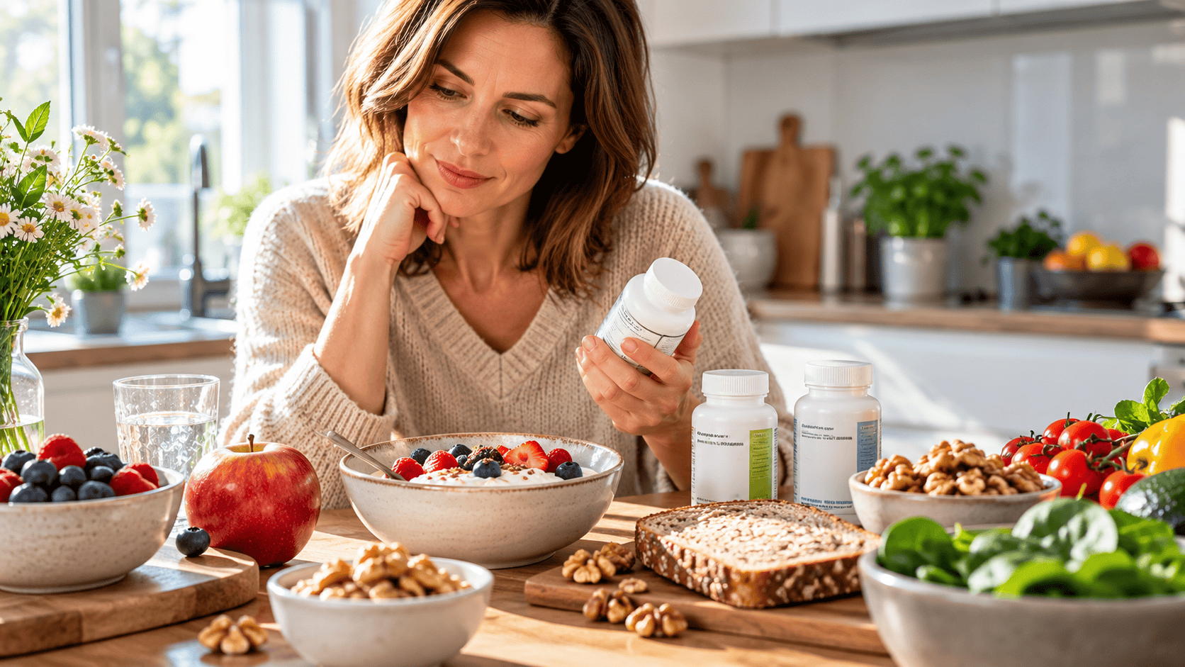 Herbalife Nahrungsergänzung neben ausgewogenen Lebensmitteln auf einem Frühstückstisch